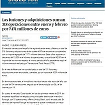 Las fusiones y adquisiciones suman 318 operaciones entre enero y febrero por 7.171 millones de euros